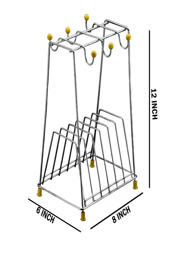 GRIDKITCHEN Stainless Steel Cup Saucer Plate Stand 6 Hooks for Holding Mugs & Tea Cup and 6 Section for Holding Plates, Dishes & Lids Pack of 1 - Image 2